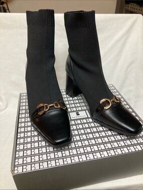 Black Heeled Sock Boot with Gold Bit Accent